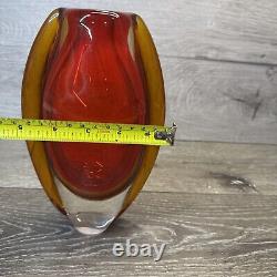 Vintage Hand Blown Murano Glass Red Amber Lava Vase 8.75x5.5 Heavy 4lb