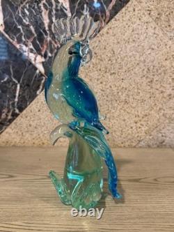 Vintage Hand Blown Murano Glass Tall Bird Blue Green Cockatoo Figurine 11.5