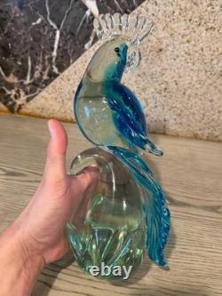 Vintage Hand Blown Murano Glass Tall Bird Blue Green Cockatoo Figurine 11.5