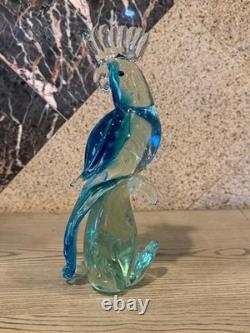 Vintage Hand Blown Murano Glass Tall Bird Blue Green Cockatoo Figurine 11.5