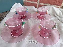 Vintage Hand Blown Venetian Murano Art Glass Applied Flowers Pink Sherbet Set