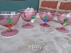 Vintage Hand Blown Venetian Murano Art Glass Applied Flowers Pink Sherbet Set