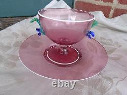 Vintage Hand Blown Venetian Murano Art Glass Applied Flowers Pink Sherbet Set