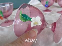 Vintage Hand Blown Venetian Murano Art Glass Applied Flowers Pink Sherbet Set