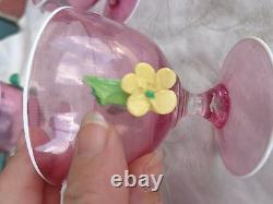 Vintage Hand Blown Venetian Murano Art Glass Applied Flowers Pink Sherbet Set