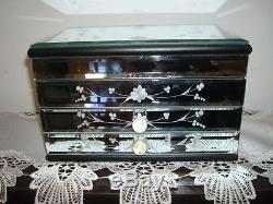 Vintage Hand Etched Murano Mirror Italian Venetian Glass/Wood Jewelry/Vanity Box