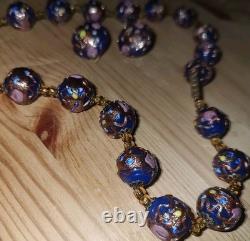 Vintage Hand Made Murano Glass Necklace & Earrings Set Gold & Cobalt Beads 19L