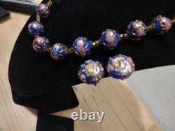 Vintage Hand Made Murano Glass Necklace & Earrings Set Gold & Cobalt Beads 19L