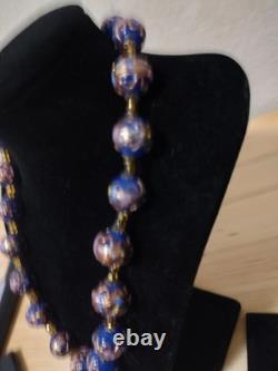 Vintage Hand Made Murano Glass Necklace & Earrings Set Gold & Cobalt Beads 19L