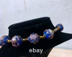 Vintage Hand Made Murano Glass Necklace & Earrings Set Gold & Cobalt Beads 19L