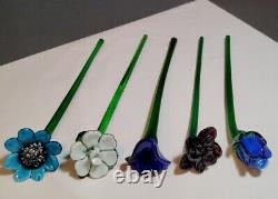 Vintage Hand-blown Glass Flowers Lot of 5 Murano Style Long Stem Flowers Mix