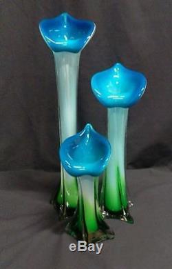 Vintage Handcrafted Murano Italy Glass Blue Calla Lily Set of 3 Flower Vase