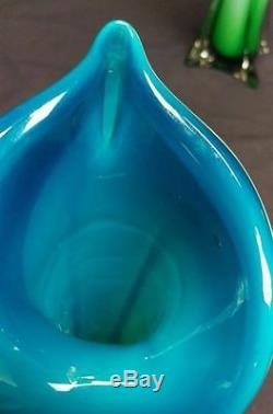Vintage Handcrafted Murano Italy Glass Blue Calla Lily Set of 3 Flower Vase