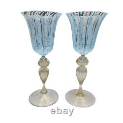 Vintage Handmade Italian Vivarini Murano Glass Latticino 8.5 Wine Goblet Pair