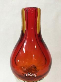 Vintage Heavy Murano Orange Red Art Glass Vase withTwisted Black & White Thread