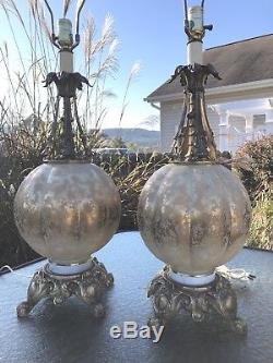 Vintage Hollywood Regency Murano Italy Glass Gold Large Table Lamps MCM Pair