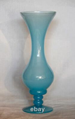 Vintage Italian Blue Opaline Glass Footed Vase 70s 25cm 10in Murano Empoli