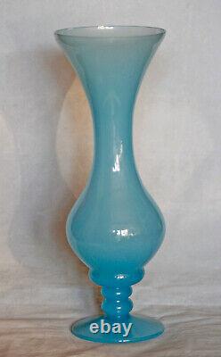 Vintage Italian Blue Opaline Glass Footed Vase 70s 25cm 10in Murano Empoli