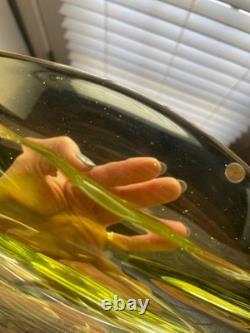 Vintage Italian Lime Green Murano Glass Bowl With Unique Sculptural Design