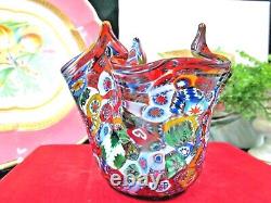 Vintage Italian MURANO Venetian Blown Glass Millefiori Handkerchief Vase