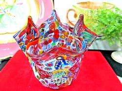 Vintage Italian MURANO Venetian Blown Glass Millefiori Handkerchief Vase