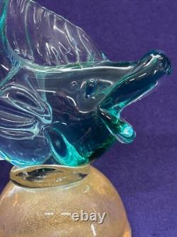 Vintage Italian Murano Art Glass Alfredo Barbino Label Blue Green Sea Foam Fish