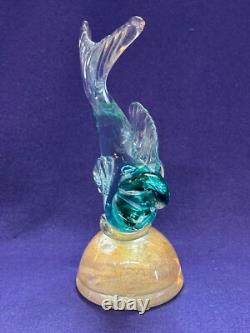 Vintage Italian Murano Art Glass Alfredo Barbino Label Blue Green Sea Foam Fish