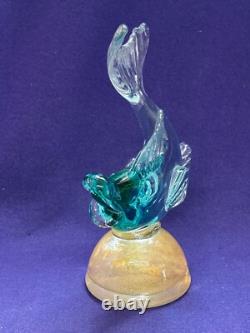 Vintage Italian Murano Art Glass Alfredo Barbino Label Blue Green Sea Foam Fish