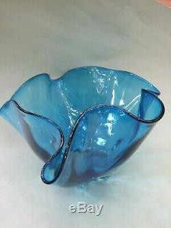 Vintage Italian Murano Art Glass Blue Handkerchief Big Bowl Retro 60's