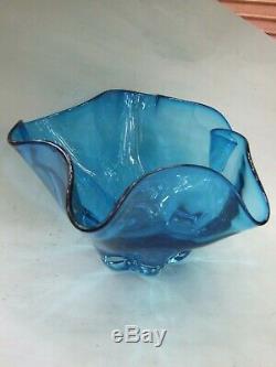 Vintage Italian Murano Art Glass Blue Handkerchief Big Bowl Retro 60's