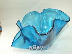 Vintage Italian Murano Art Glass Blue Handkerchief Bowl Retro 60's