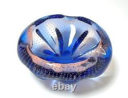 Vintage Italian Murano Art Glass Blue & Pink Bullicante Bowl MID Century Modern