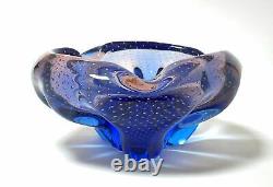 Vintage Italian Murano Art Glass Blue & Pink Bullicante Bowl MID Century Modern