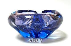 Vintage Italian Murano Art Glass Blue & Pink Bullicante Bowl MID Century Modern