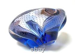 Vintage Italian Murano Art Glass Blue & Pink Bullicante Bowl MID Century Modern