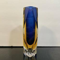 Vintage Italian Murano Art Glass Blue & Yellow Sommerso Vase By Mandruzzato