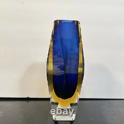 Vintage Italian Murano Art Glass Blue & Yellow Sommerso Vase By Mandruzzato