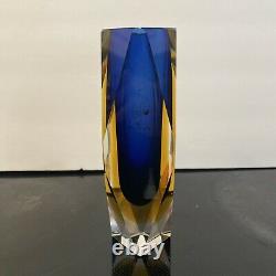 Vintage Italian Murano Art Glass Blue & Yellow Sommerso Vase By Mandruzzato