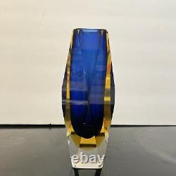 Vintage Italian Murano Art Glass Blue & Yellow Sommerso Vase By Mandruzzato