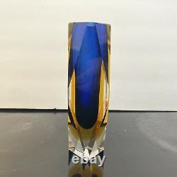 Vintage Italian Murano Art Glass Blue & Yellow Sommerso Vase By Mandruzzato