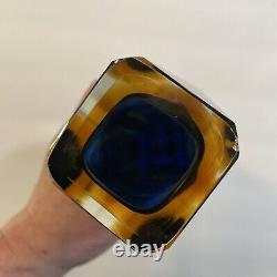 Vintage Italian Murano Art Glass Blue & Yellow Sommerso Vase By Mandruzzato