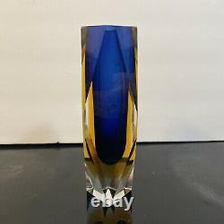 Vintage Italian Murano Art Glass Blue & Yellow Sommerso Vase By Mandruzzato