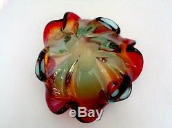 Vintage Italian Murano Art Glass Cigar Ashtray Red/ Teal Swirl Candy Dish Bowl