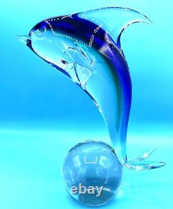 Vintage Italian Murano Art Glass Cobalt Blue Dolphin Paperweight Large 11.5