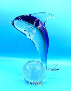 Vintage Italian Murano Art Glass Cobalt Blue Dolphin Paperweight Large 11.5