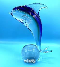 Vintage Italian Murano Art Glass Cobalt Blue Dolphin Paperweight Large 11.5