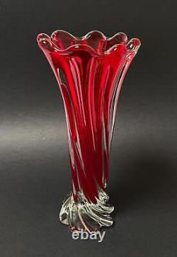 Vintage Italian Murano Art Glass Red Cased Vase MID Century Modern MCM