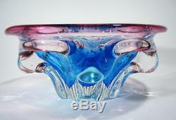 Vintage Italian Murano Blue And Cranberry Cased Art Glass Bowl