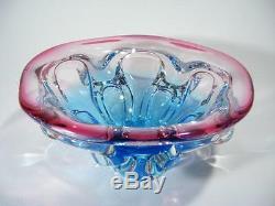 Vintage Italian Murano Blue And Cranberry Cased Art Glass Bowl