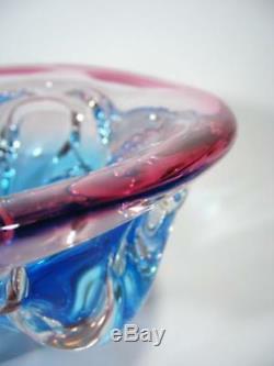 Vintage Italian Murano Blue And Cranberry Cased Art Glass Bowl